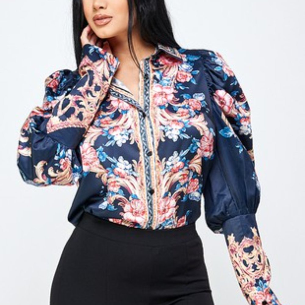 Women's Floral Balloon Sleeve Shirt Blouse - Picture 2 of 8